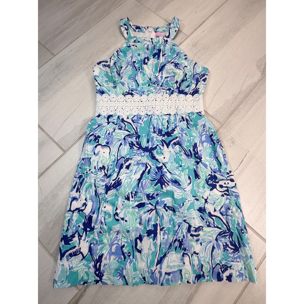 Lilly Pulitzer Women Blue Green Tropical Floral Halter Shift Dress Lace Waist 4